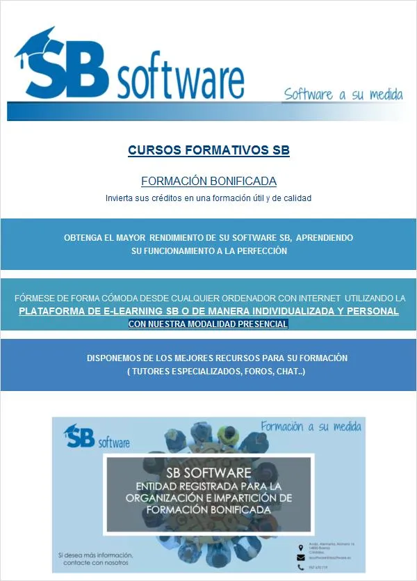 Cartel de los cursos formativos SB: formación bonificada en la plataforma de e-learning SB o de forma presencial