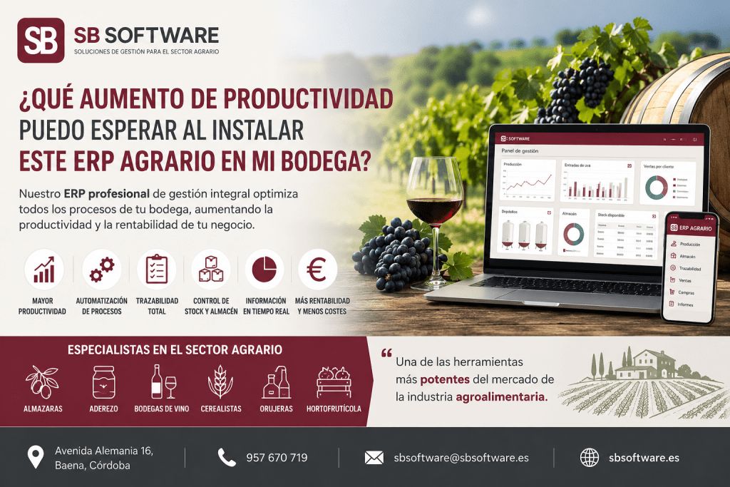 Cartel de SB Software sobre el ERP para bodegas, con sus ventajas y el panel de gestión en un portátil y un móvil