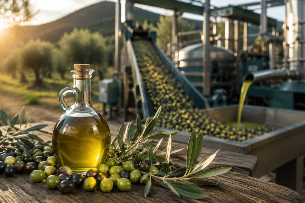 Aceitera y aceitunas sobre una mesa ante la línea de una almazara, con una cinta de aceituna y un caño que vierte aceite