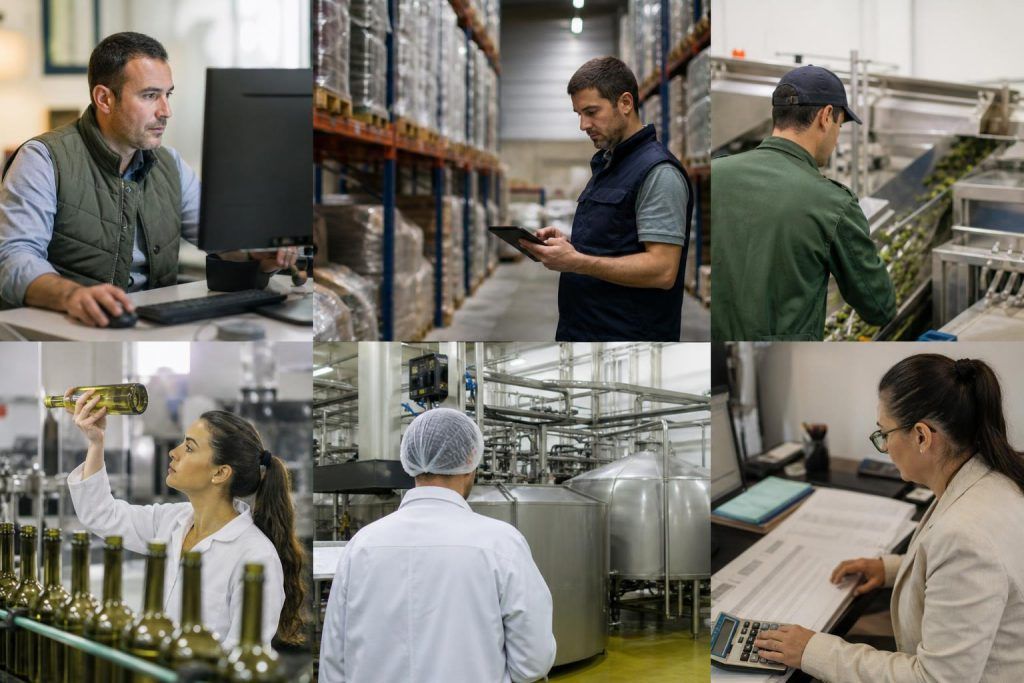 Mosaico de seis tareas: trabajo en oficina, almacén, línea de aceituna, embotellado, planta con depósitos y contabilidad
