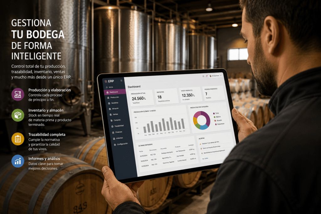 Hombre con una tableta que muestra el panel de un ERP de bodega, junto al lema «Gestiona tu bodega de forma inteligente»
