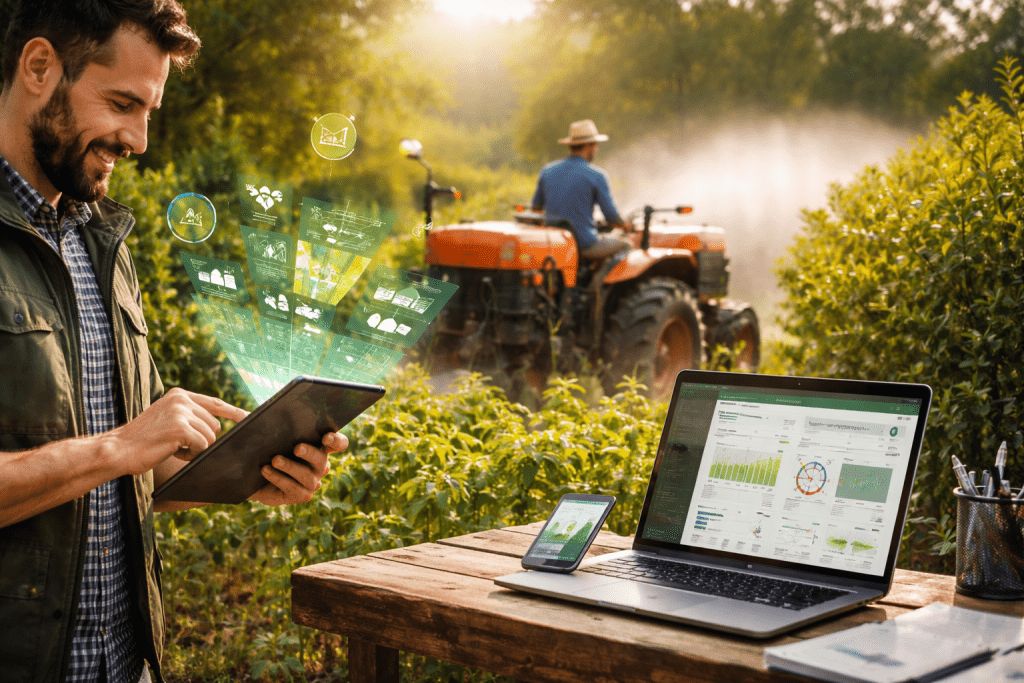 Hombre que consulta una tableta en el campo junto a un portátil y un móvil con gráficos, mientras un tractor fumiga al fondo
