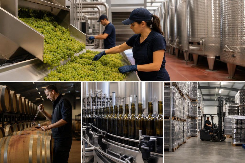 Mosaico del recorrido del vino: selección de uva blanca en la mesa de recepción, cata en la sala de barricas, línea de embotellado y almacén de palés con una carretilla