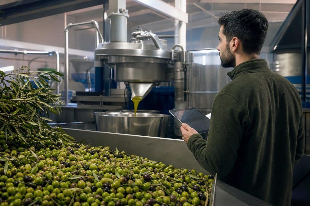 Un trabajador con una tableta observa la salida del aceite en la almazara, junto a una tolva llena de aceitunas