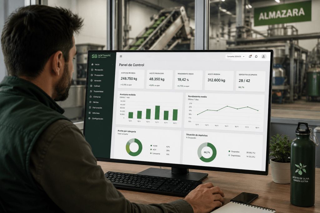 Hombre ante un monitor que muestra un panel de control de almazara con el logotipo de SB Software y datos de producción