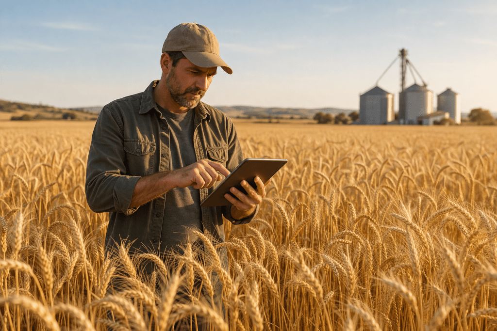 Un agricultor consulta una tableta en un campo de cereal maduro, con silos de grano al fondo