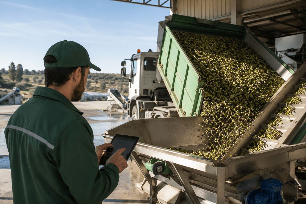 Un operario consulta una tableta mientras un camión descarga aceituna en la tolva de recepción de la almazara
