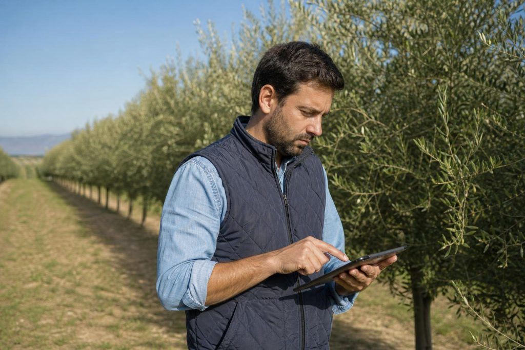 Agricultor consulta una tableta entre dos hileras de olivos