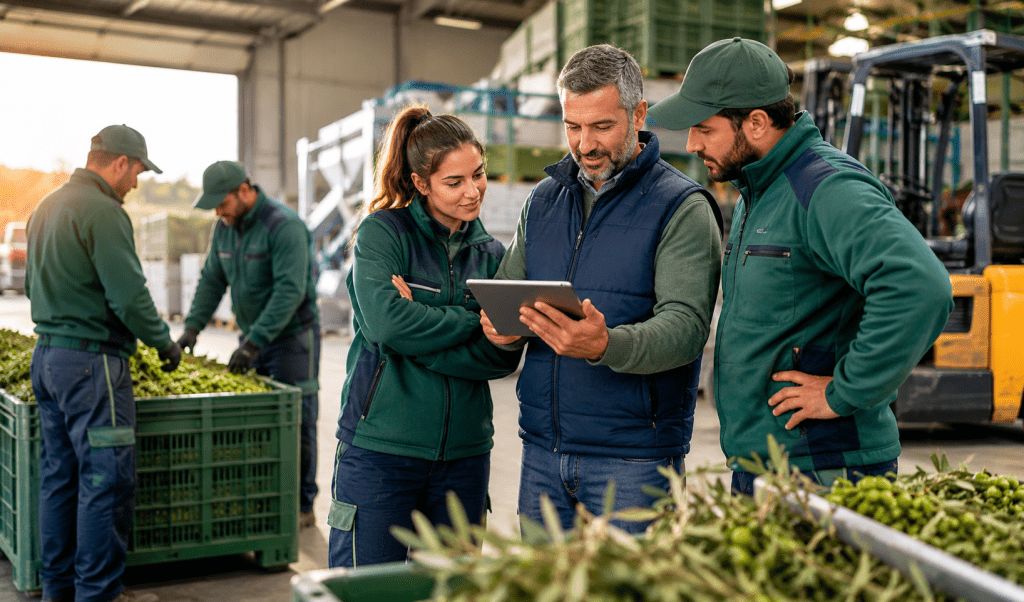 Tres trabajadores miran juntos una tableta en una nave con contenedores de aceituna y una carretilla elevadora al fondo