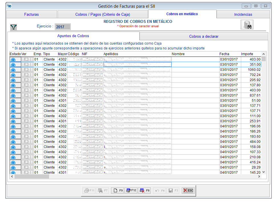 Pestaña Cobros en metálico