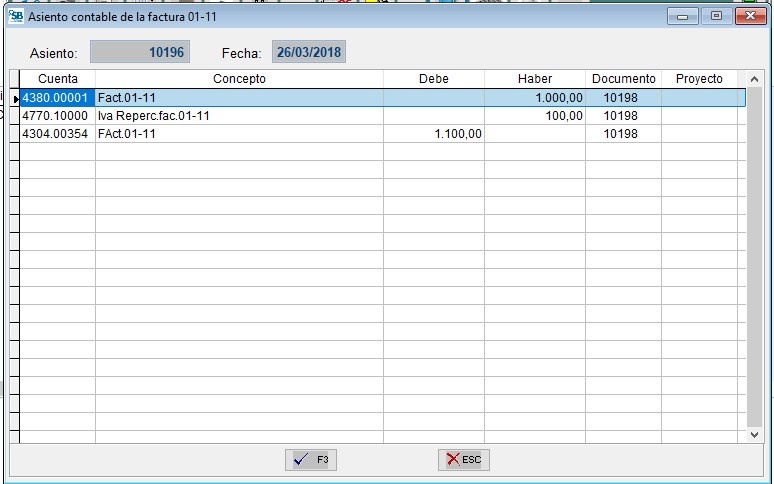 Asiento contable de la factura
