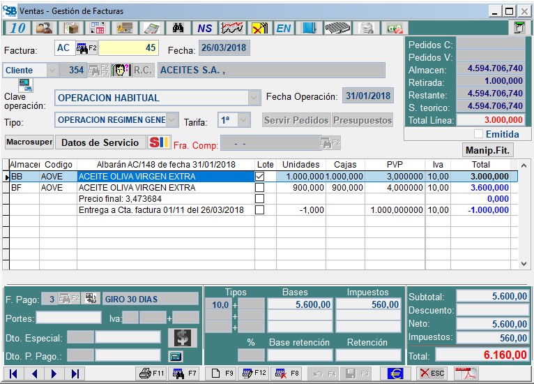 Factura con descuento de la entrega a cuenta