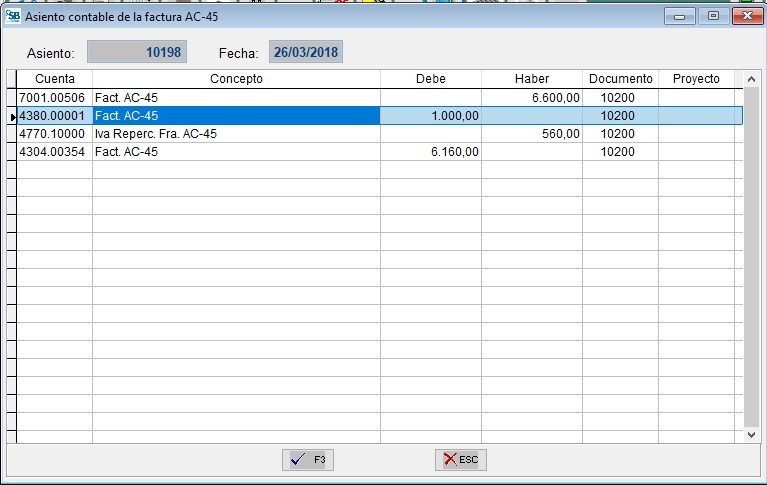 Asiento contable factura liquidación
