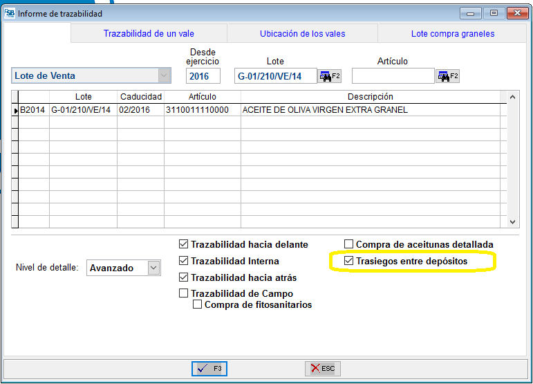 Campo "Trasiegos entre depósitos"