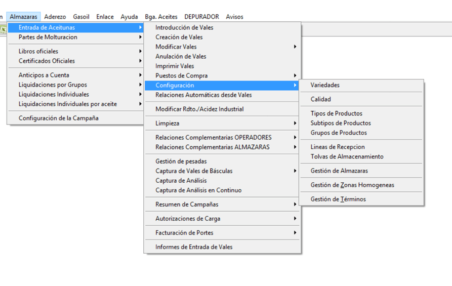 "Variedades" y "Calidad" dentro de Configuración, en la opción Entrada de Aceitunas, del menú Almazara.
