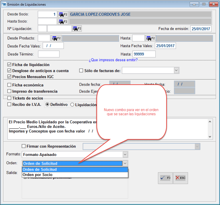 Nuevo combo Orden de las liquidaciones