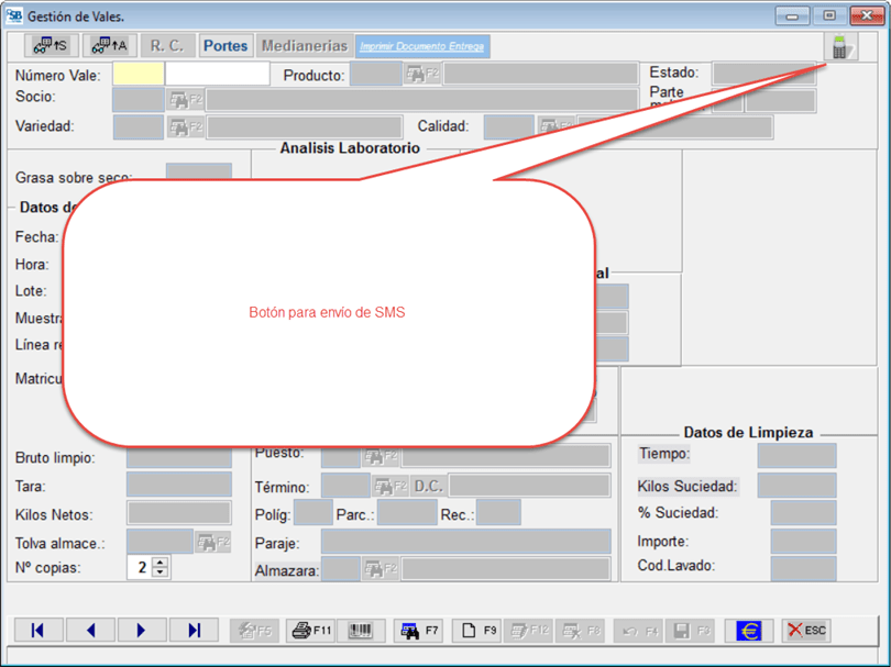 Botón envío SMS dentro de Gestión de Vales