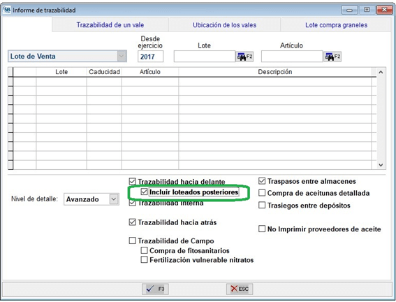 Opción "Incluir loteados posteriores"