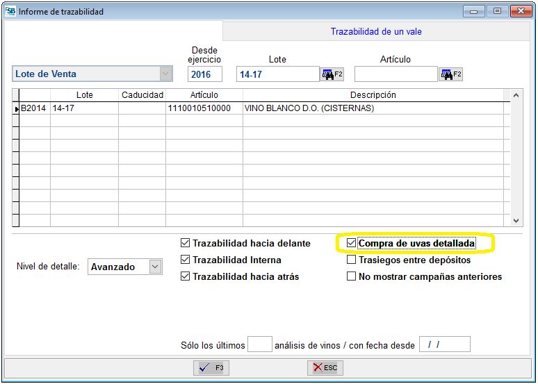 Compra de uva detallada en Informe de Trazabilidad