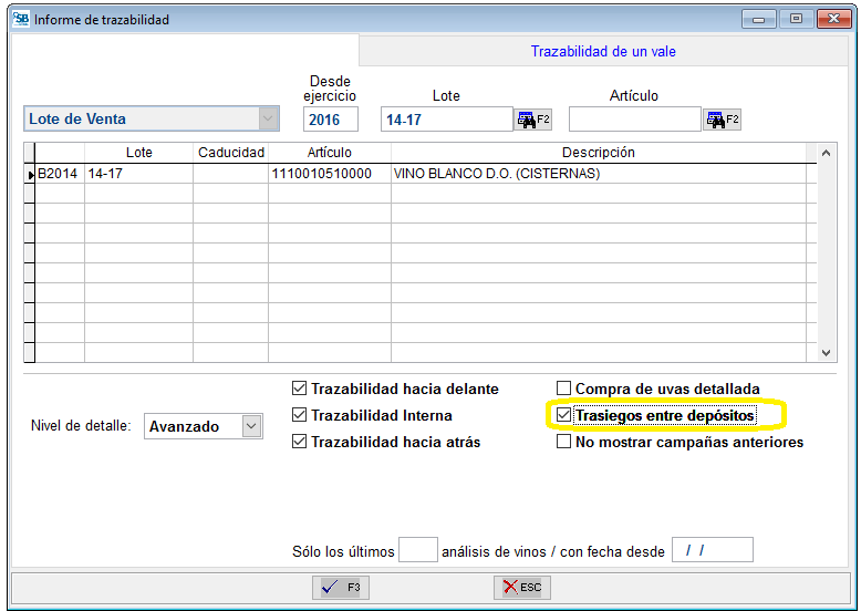 Trasiegos entre depósitos en Informe de Trazabilidad