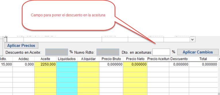 Campo "descuento en aceitunas"