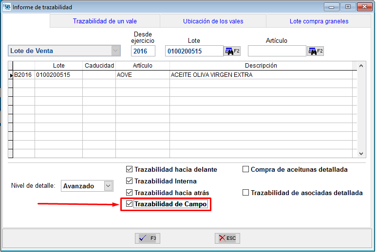 "Trazabilidad de Campo" en Informe de Trazabilidad