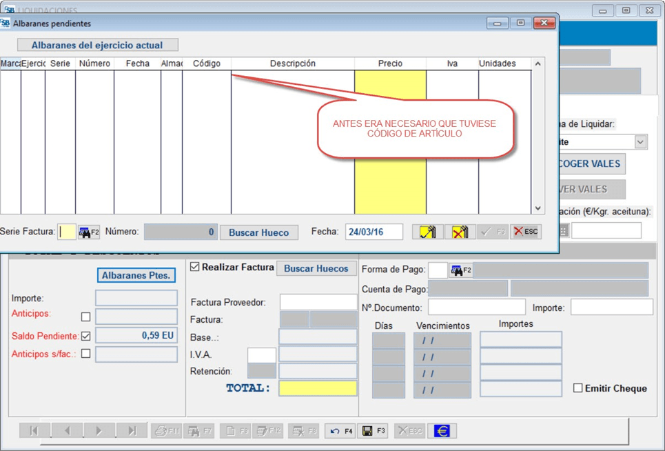 Ventana de Facturación de Albaranes de Venta dentro de Liquidaciones de Aceite