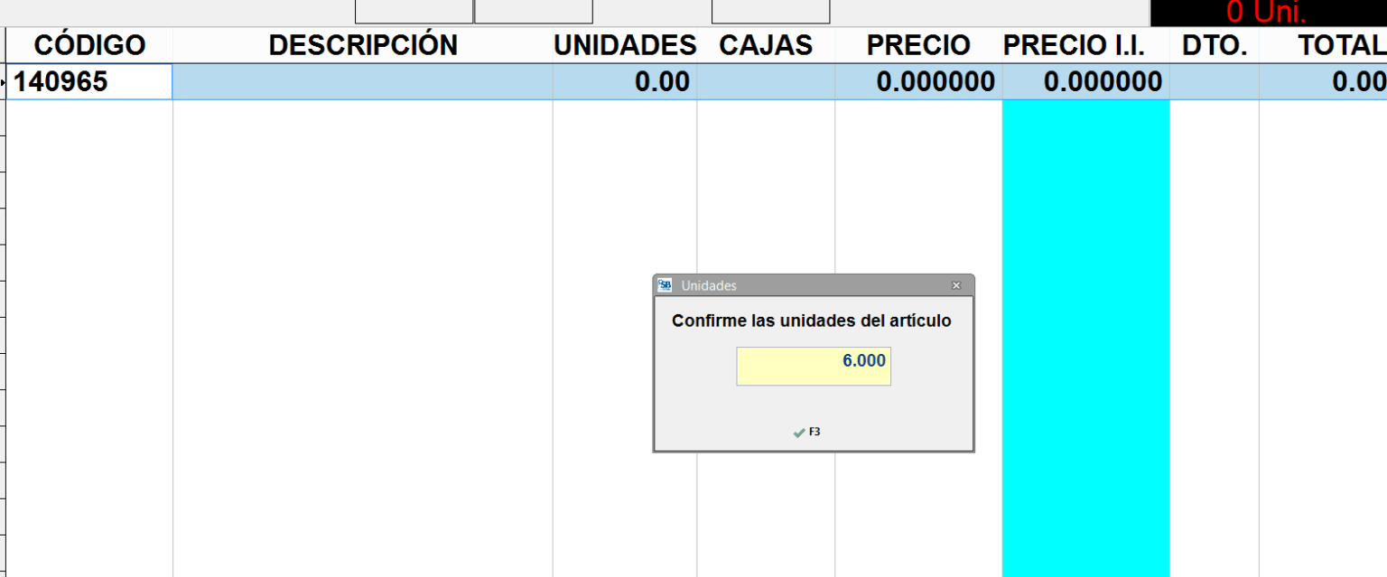 Confirmación unidades artículo