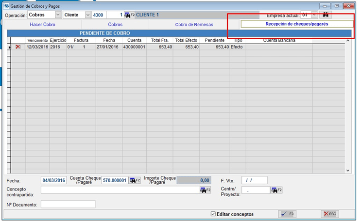 Recepción de cheques/pagarés