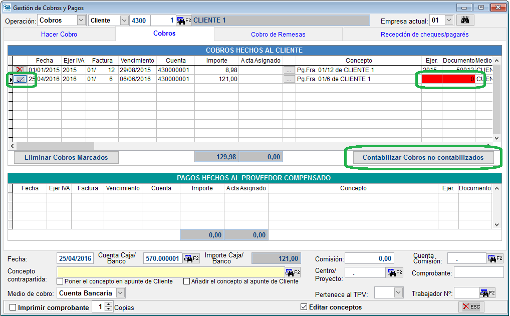 Contabilizar cobros no contabilizados