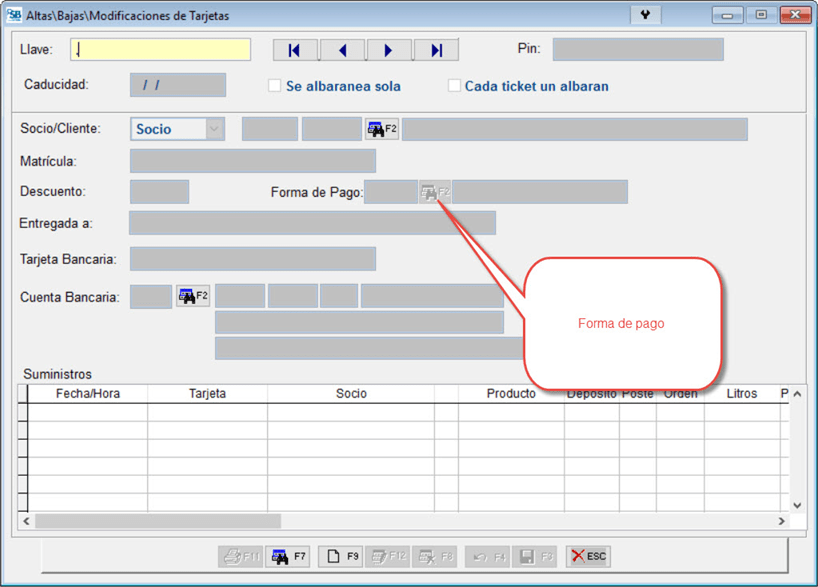 Campo "Forma de Pago" en ventana "Altas/bajas/modificaciones de Tarjetas"&nbsp;