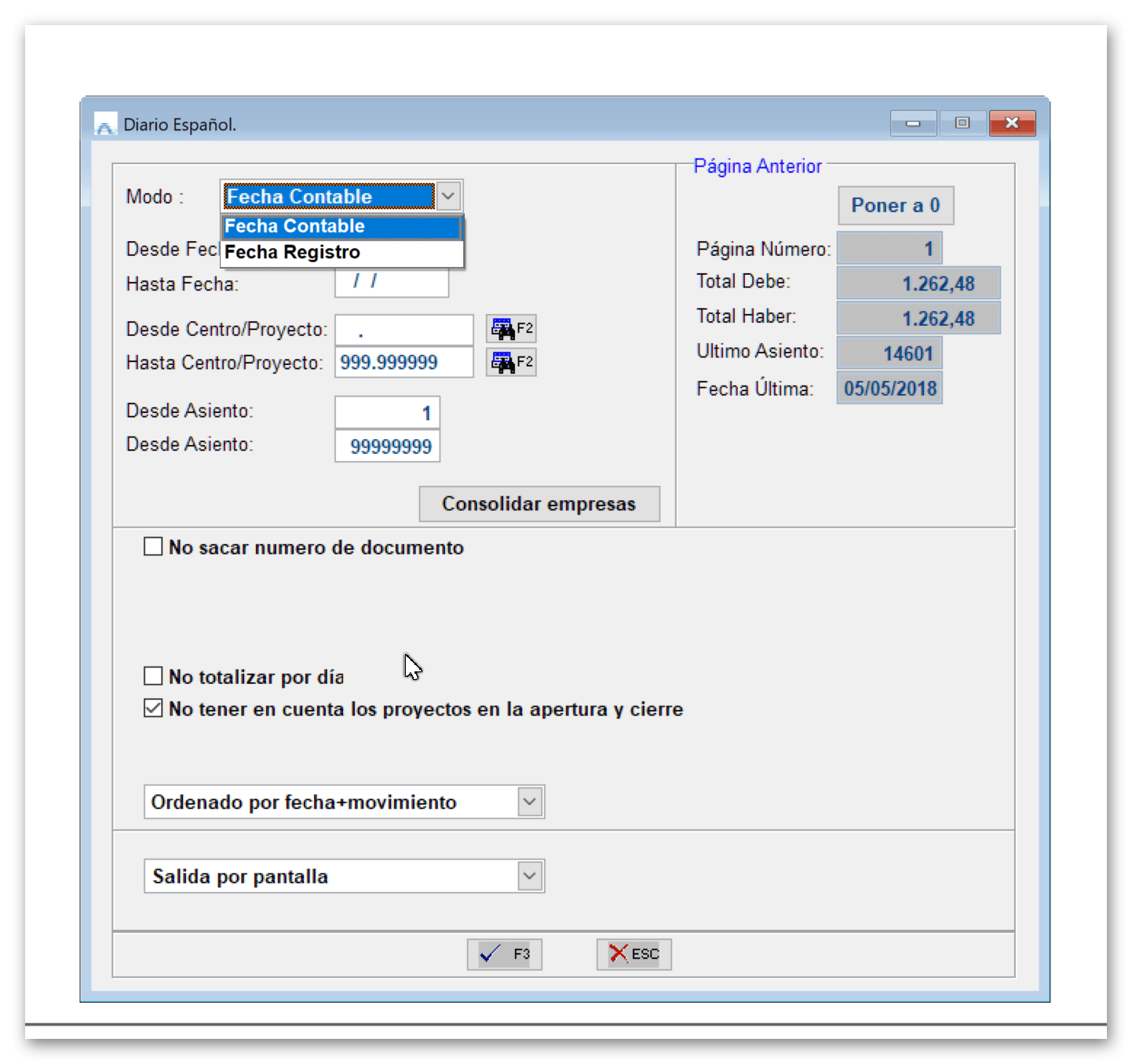 Opción Fecha Contable en Diario Español
