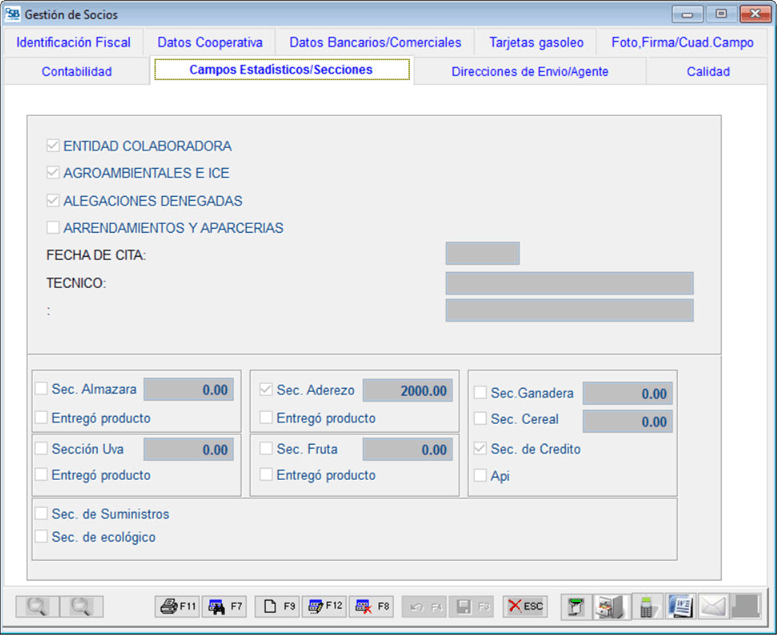 Pantalla "Campos Estadísticos/Secciones" en la ficha del socio Pantalla "Campos Estadísticos/Secciones" en la ficha del socio