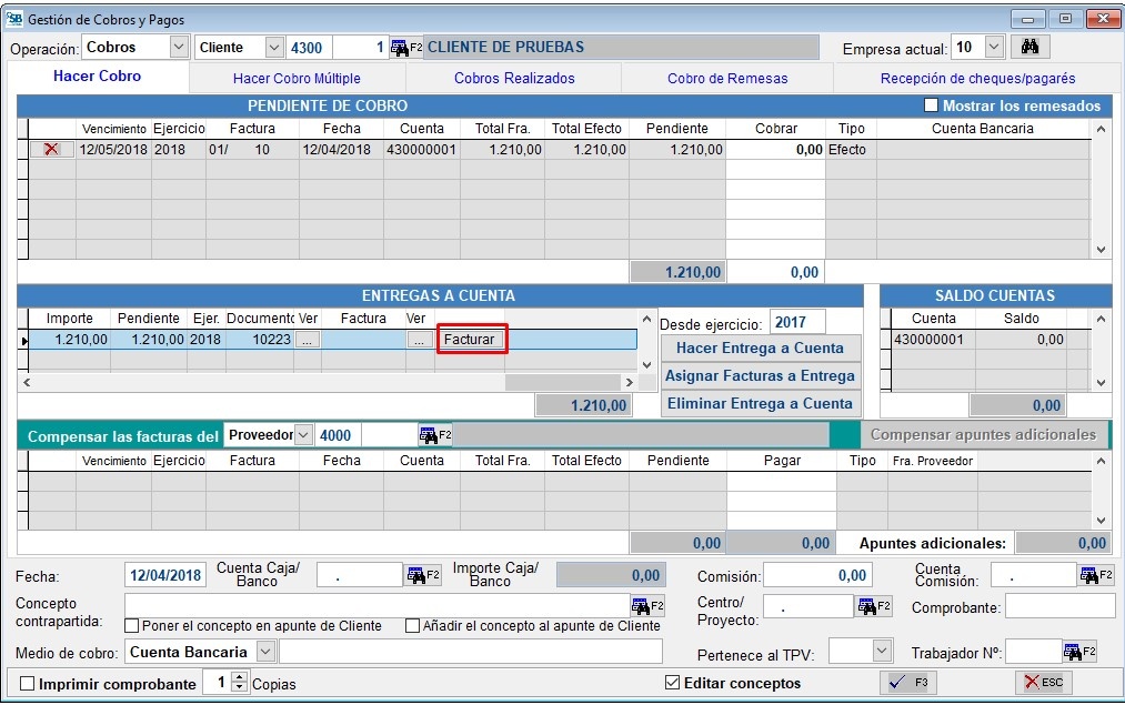 Facturar en Gestión Cobros/Pagos