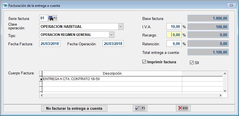 Facturación entrega a cuenta