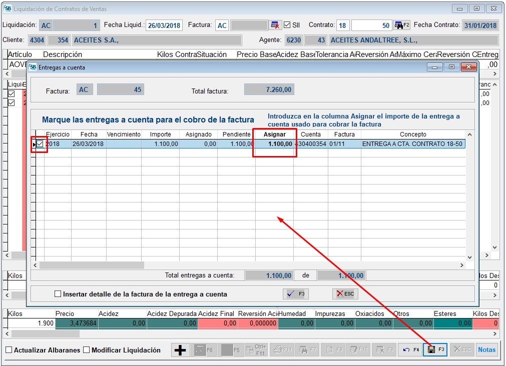 Descuento de las entregas a cuenta en la liquidación contrato