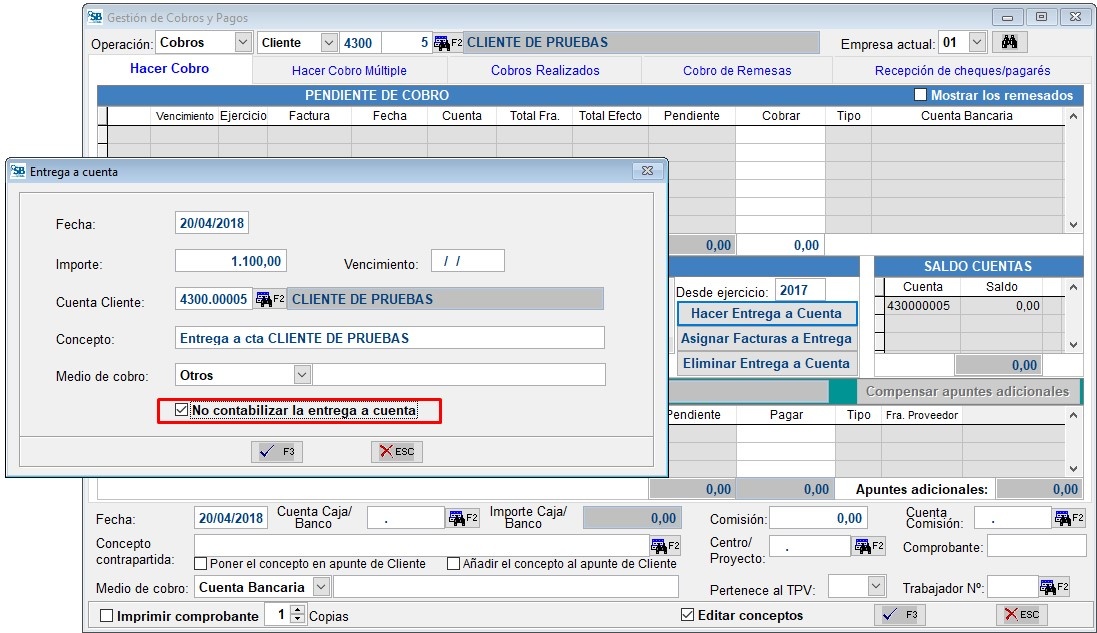 No contabilizar la entrega a cuenta