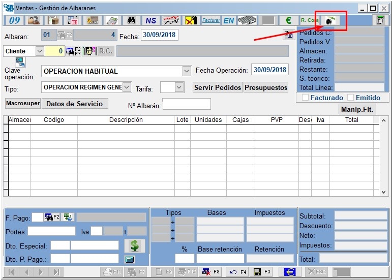 Botón venta aceitunas en ventana "Ventas - Gestión Albaranes"