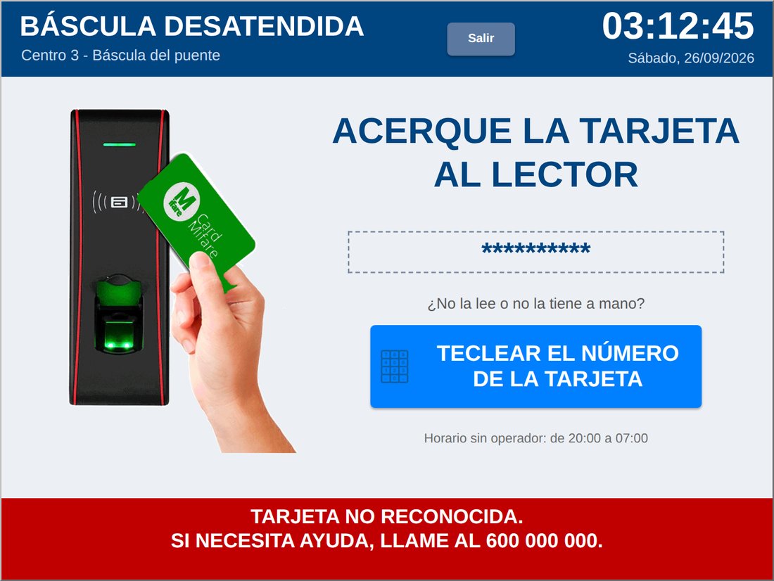 Pantalla de la báscula desatendida esperando la tarjeta del conductor