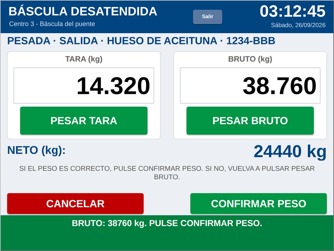 Pantalla de pesada con tara, bruto y neto en la báscula desatendida